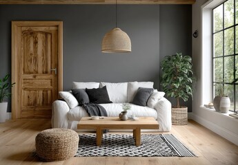 A bright Scandinavian-style interior with light gray walls, white wooden flooring, and a cozy sofa in the center of an open-plan living room
