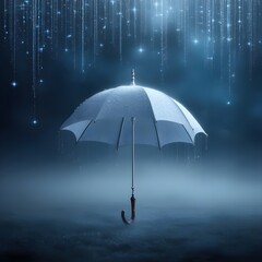 A dreamlike, misty night scene set against a dark blue, star-studded sky, with a delicate, ornate umbrella, its metal ribs and wooden handle glistening with dew, suspended in mid-air, as if frozen in 