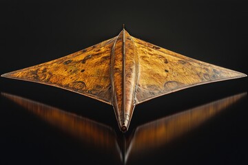 Golden Triangular Metal Sculpture on Black Reflective Surface