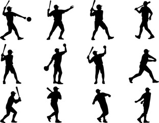 A Set collection of  baseball batter player silhouette with dynamic poses, Perfect for sports themed designs
