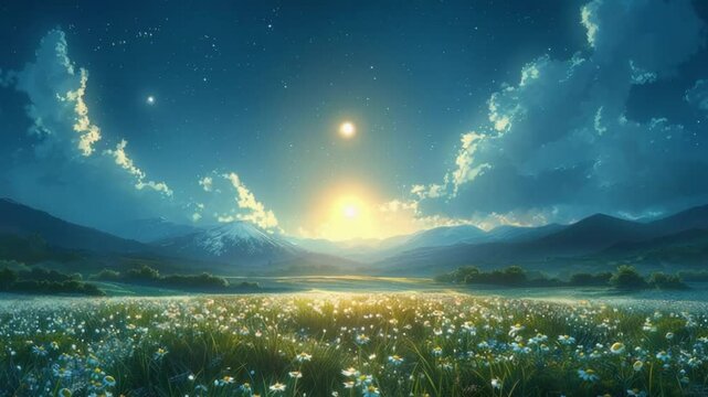 Big chamomile flower at night with bright moon shining