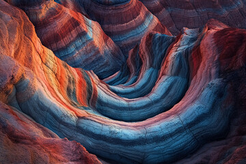 Vibrant desert rock showing wave-like patterns in red and blue mineral layers