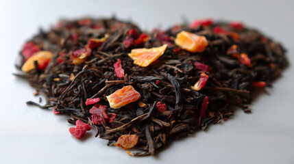 Fruit dry tea with cranberry petals and candied fruits. Dried herbal drink. Black tea with fruit slices. Hibiscus on white background. Heart shaped top view. Pile of tea leaves with red berries