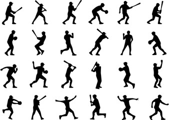 A Set collection of  baseball batter player silhouette with dynamic poses, Perfect for sports themed designs