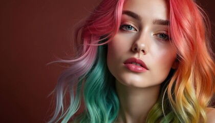 Fototapeta premium Young woman face with colorful, vibrant hair. Model with bold make-up in artistic style. Beauty, fashion, glamour. Creative trendy look. Portrait on brown background.