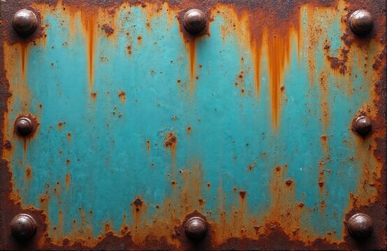 Closeup of rusty metal texture with rivets. Old, rough surface with weathered and corroded appearance. Grunge background with industrial aesthetic and vintage vibe. Abstract, design.