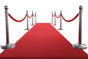 Elegant red carpet leading guests to a glamorous event with stanchions and velvet ropes, perfect for showcasing arrivals at formal functions