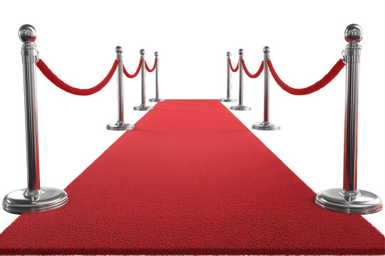Elegant red carpet leading guests to a glamorous event with stanchions and velvet ropes, perfect for showcasing arrivals at formal functions