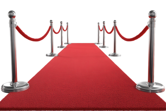 Elegant red carpet leading guests to a glamorous event with stanchions and velvet ropes, perfect for showcasing arrivals at formal functions
