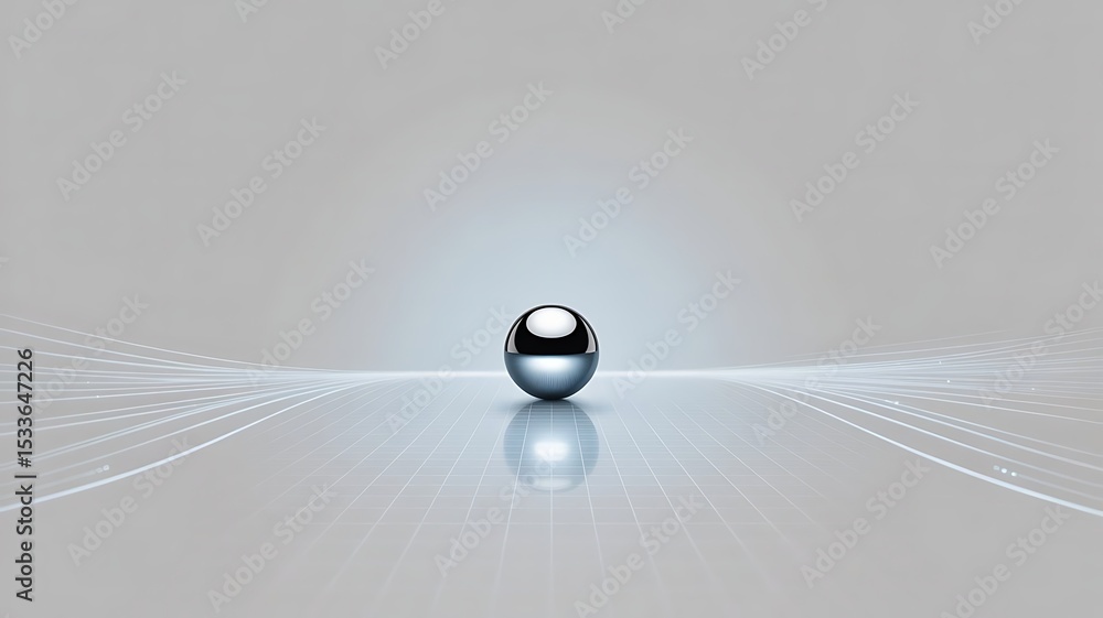 Poster minimal futuristic black sphere on white digital grid background representing innovation and virtual