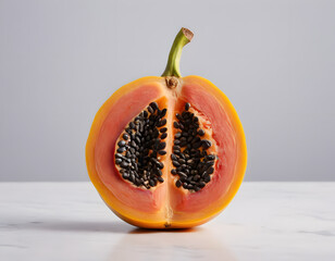 A smooth yellow papaya sliced in half with orange flesh and black seeds, tropical fruit style