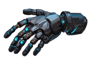 Robot hand with intricate design and glowing features isolated on a transparent background showcasing advanced technology in robotics