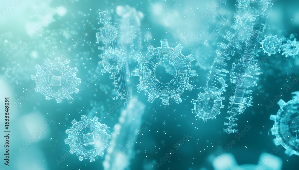 Poster abstract digital representation of gears and mechanisms.