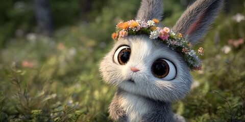 CG Bunny CloseUp Render of a Cute Rabbit with Flower Crown