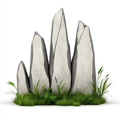 Grey and White Rocks with Green Grass on White Background