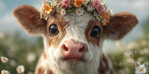 Stunning Calf Portrait Flower Crown Beauty in a Meadow