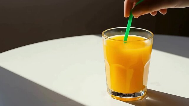 glass of orange juice mixing it with green strow