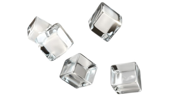 Floating translucent cubes create a captivating visual effect against a clean white background, enhancing the sense of depth and dimension in the composition