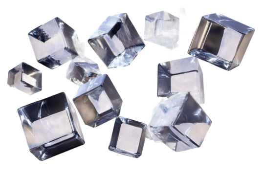 Floating translucent cubes create an abstract visual display in a dynamic arrangement evoking a sense of depth and movement