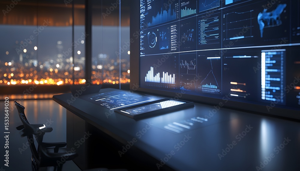 Poster modern control room with multiple data displays and city view.