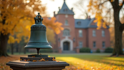 Ornate bronze bell stands autumnal setting. Historic building, fall leaves, bright sunlight. Colonial architecture heritage, park scene. Detail background. Beautiful autumn landscape.