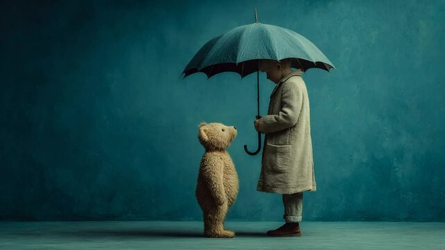 Boy and Teddy Bear Under Umbrella Standing in the Rain and Sharing Love and Caring
