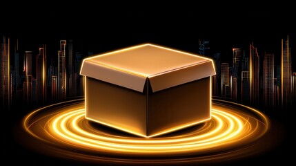 Illuminated Cardboard Box on Glowing Platform Against Night City Skyline