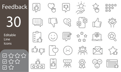 Feedback Editable Line Icons Set. customer review, rating, review, satisfied, survey, quality, feedback review, satisfaction and more. Vector illustration.