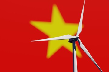 Wind turbine on a background of blurred flag of Vietnam. Wind power concept, selective focus