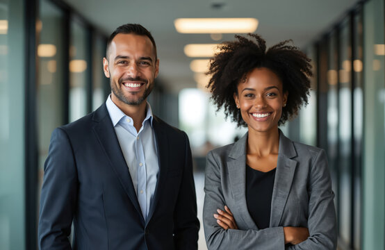 Diverse business colleagues pose in office. Man and woman of African and Latin American descent smile confidently at camera. Positive business partnership in modern workspace.