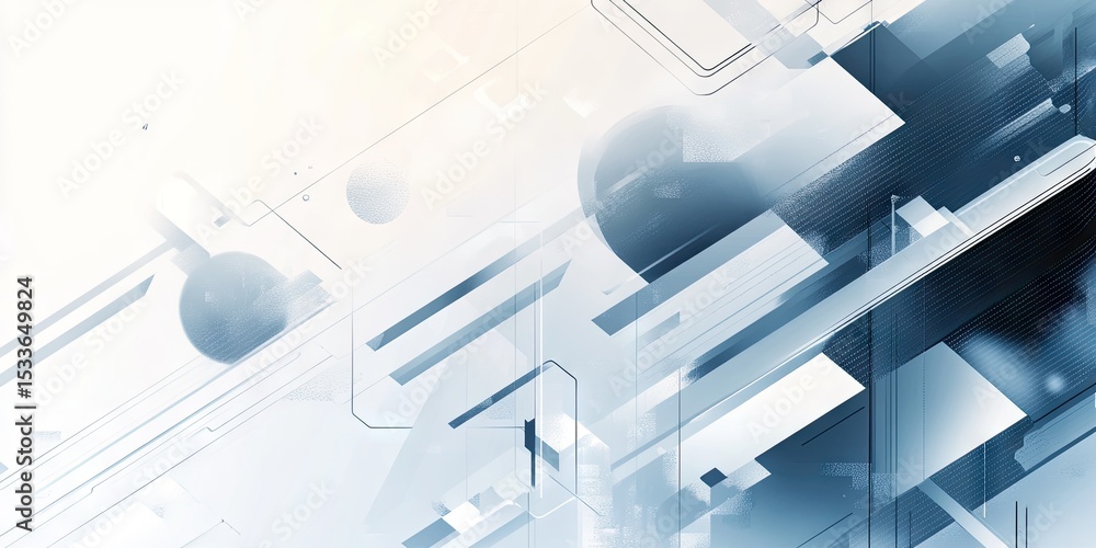Poster abstract geometric shapes in light blue and white. layered, intersecting planes and forms create a d