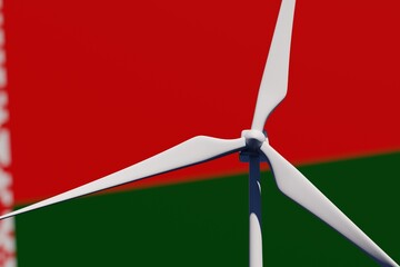 Wind turbine on a background of blurred flag of Belarus. Wind power concept, selective focus