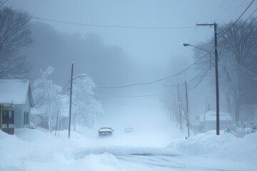 Snowy landscape with visibility issues during winter storm conditions