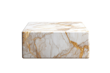 Square marble pedestal showcasing elegant gold veins in a bright, contemporary setting