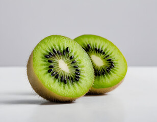 A sliced kiwi fruit showing green flesh and tiny black seeds, close-up photo, minimal white setup