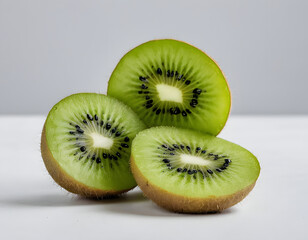 A sliced kiwi fruit showing green flesh and tiny black seeds, close-up photo, minimal white setup
