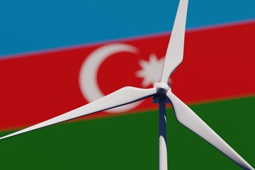 Wind turbine on a background of blurred flag of Azerbaijan. Wind power concept, selective focus