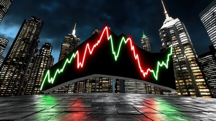 Illuminated Stock Market Graph Over Night Cityscape