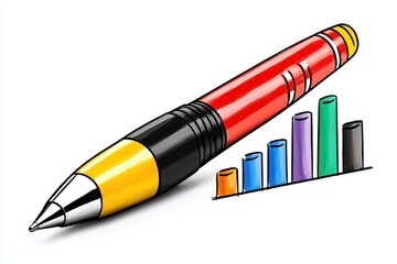 Illustrative Red and Yellow Pen Beside a Multicolored Bar Graph