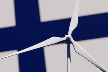 Wind turbine on a background of blurred flag of Finland. Wind power concept, selective focus