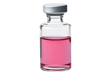 Glass vial containing vibrant pink liquid isolated against a transparent background highlighting its shape and color