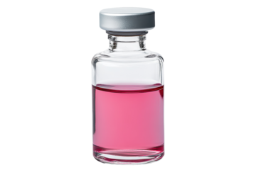 Glass vial containing vibrant pink liquid isolated against a transparent background highlighting its shape and color