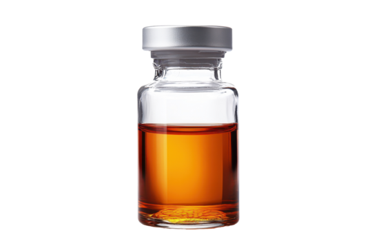 Clear glass vial filled with amber liquid on a transparent background suitable for various uses in laboratory or pharmaceutical settings