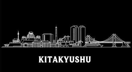 Kitakyushu Skyline Outline with Japan, and Black.