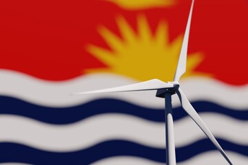 Wind turbine on a background of blurred flag of Kiribati. Wind power concept, selective focus