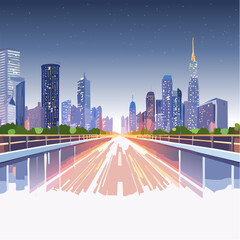 vibrant nighttime image of a glowing highway cutting through a futuristic city