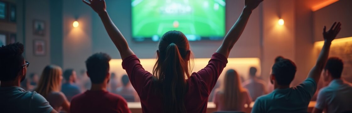 Group of friends enjoy sports game in bar. Woman cheers with raised arms. Excitement crowd at pub watching TV, celebrating victory. Happy fans at live event. Nightlife, party mood. Sports