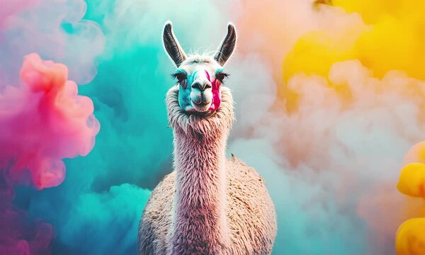 Lllama in colorfull smoke atmosphere.