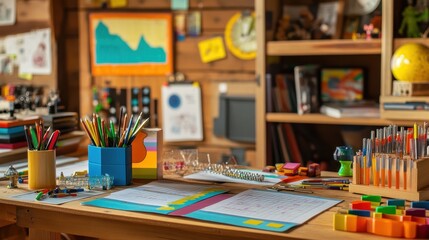 Colorful Creative Workspace with Stationery and Art Supplies Tools
