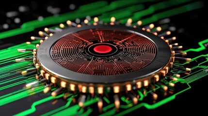 Intricate Copper And Red Circular Tech Component On Green Circuit Board